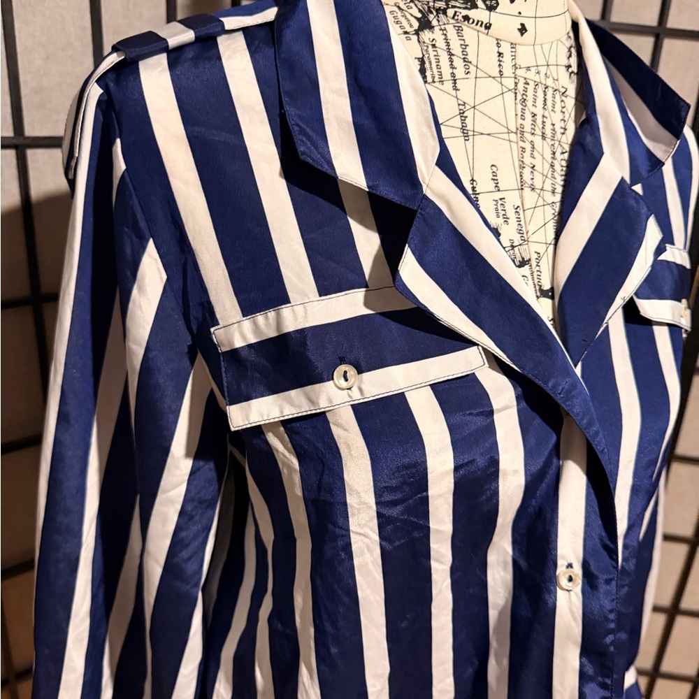 Josephine Vintage button down Navy/White Striped Women's blouse work office 8 - Picture 2 of 4
